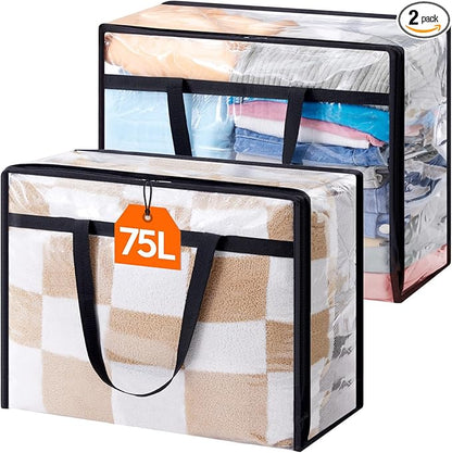Lifewit 2 Pack Clear Clothes Storage Bags, 75L Large Plastic Blanket Storage, Vinyl Foldable Moving Bags with Zipper, Closet Organizers Containers for Comforter, Bedding, Duvet, Pillow