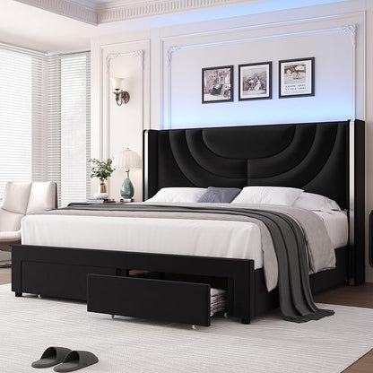 HITHOS King Upholstered LED Bed Frame with 2 Storage Drawers, Velvet Platform Bed with Wingback Headboard, Solid Wooden Slats Support, No Box Spring Needed, Headboard Splicing Design