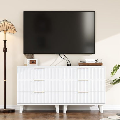 Fluted White Night Stand Set of 2 with USB Charging Station, 3-Drawer Dresser Wood Modern Bedside Table with Quiet Drawers & Large Storage End Table for Bedroom
