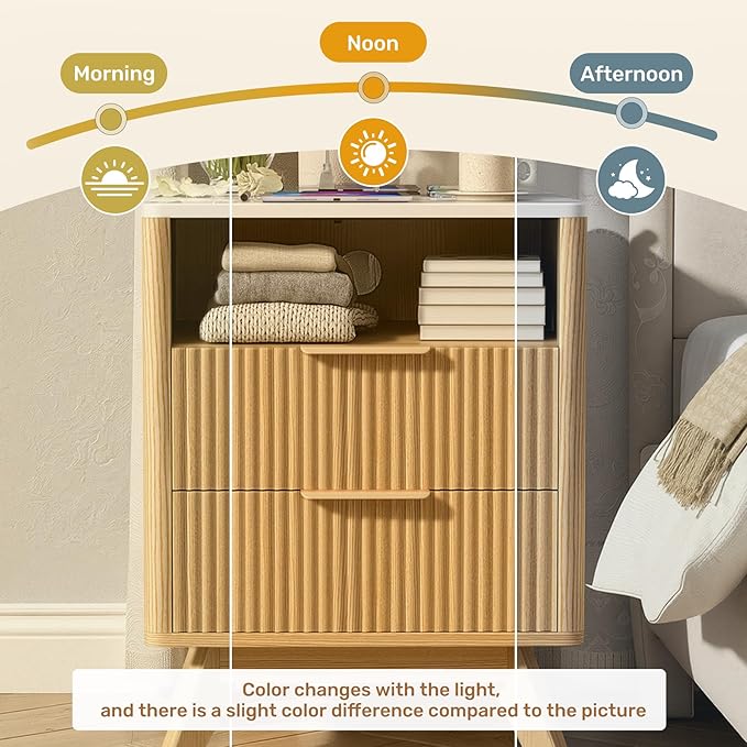 Modern Nightstand,Side Table with Charging Station,Bedside Tables with Drawer,Mid-Century End Tables Set (1-Piece),Natural Oak