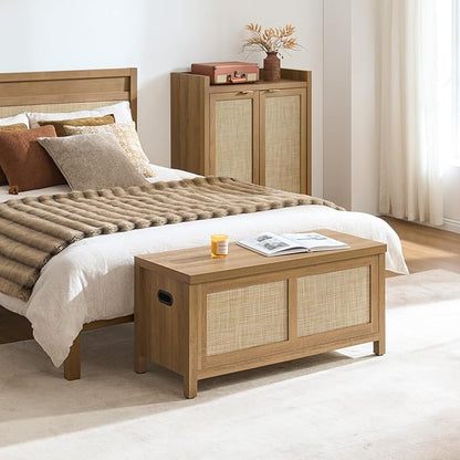 SICOTAS Rattan Storage Chest Set of 2-39.4" Storage Bench for Bedroom, Boho Storage Truck with 2 Safety Hinges and Flip Top for Living Room Entryway, Supports 220 lb, Oak, 2 PCS