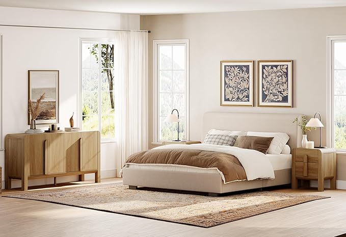 WAMPAT 23.7" Tall Modern Nightstands Set of 2, Wood Nightstand with Charging Station, Bedside Table w/2 Storage Drawers, Curved Profile Design, Sofa Side Table Accent Table for Bedroom, Light Walnut