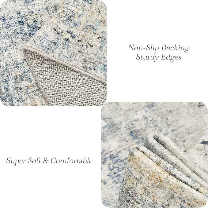 Abstract Rug 5x7 Machine Washable Area Indoor Blue Yellow Low Pile Non-Slip Foldable Thin Accent Rugs for Bedroom Living Room Dining Room