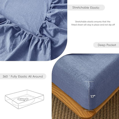 MooMee Fitted Bottom Sheet Only 100% Washed Cotton Linen Like Textured Breathable Durable Soft Comfy Deep Pocket Fits Mattress up to 17" (Blue, Twin)