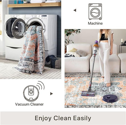 Runner Rug 2x10 Machine Washable Rug with Non-Slip Backing, Ideal for Kitchen Hallway Entryway Laundry Room - Vintage Floral, Durable, Easy Clean, Low Pile Carpet Runner Orange