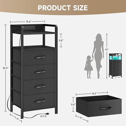 Night Stand Bedside Table Bedroom - Tall Nightstand with Charging Station & LED Light Strip, Bed Side Table with Storage Shelf & 4 Fabric Drawers, 2 U-S-B Ports & 2 AC Outlets