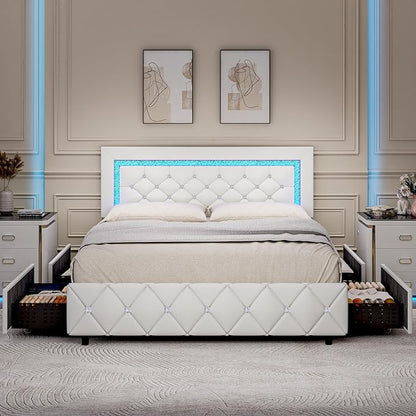 BarnFurin Queen Bed Frame with LED Lights, Upholstered Bed Frame with Storage Drawers, Princess Platform Bed with Diamond Headboard and Footboard, No Box Spring Needed, White