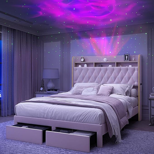 Full LED Bed Frame with Storage Drawers, Velvet Upholstered Platform Beds with Galaxy Star Projector Charging Station Speaker, Aurora Bedframe with 2-Tier Storage Headboard, Noise-Free, Pink