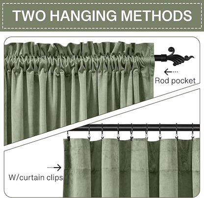 StangH Sage Green Velvet Curtains for Nursery Bedroom Rod Pocket Room Darkening Privacy Curtain Panels Heritage Plush Heat Insulation Drapes for Living Room, W62 x L84, 2 Panels