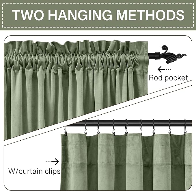StangH 108 inches Length Sage Green Velvet Curtains, Rod Pocket Sunlight Blocking Window Panels Thermal Insulated Nursery Decor Drapes for Guest Room/Bedroom, W52 x L108, Sage Green, 2 Panels