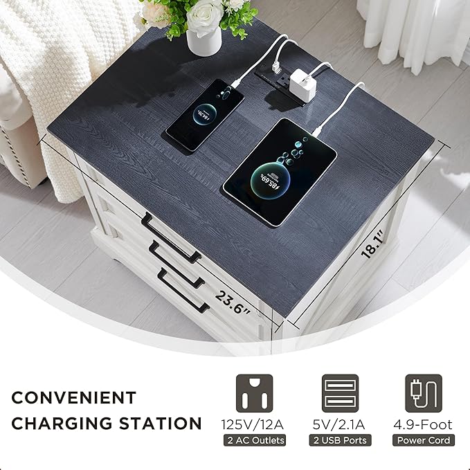 ACCOHOHO Farmhouse Nightstand with Charging Station, 22 Inch Wide End Table with 3 Large Drawers & Bar Handles, Rustic Wood Small Dresser Chest of Drawers for Bedroom, Living Room, Closet, Off White