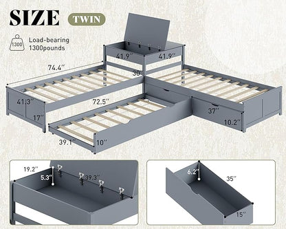 AMERLIFE L-Shaped Twin Trundle Bed with Flip-Top Storage Desk, Space-Saving Solid Wood Platform Bed Frame, Grey Finish, Multi-Functional Twin Bed for Kids and Families