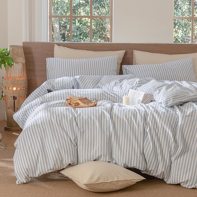 MooMee Striped Duvet Cover Set 100% Washed Cotton Linen Like Textured Breathable Durable Soft Comfy (Cornflower Blue White Classic Stripes, Super Queen 90"x98")
