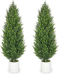 Briful 2PCS 5ft Artificial Cedar Topiary Trees in White Planter – Tall Faux Evergreen Potted Plants, Indoor Outdoor Fake Shrubs, Lifelike Fake Trees for Home, Office, Patio, Porch, Entryway
