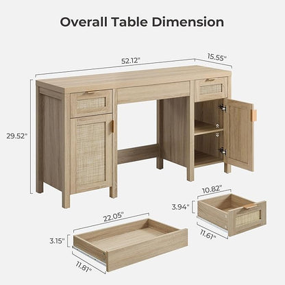 SICOTAS Rattan Vanity Home Office Desk - 52" Large Farmhouse Boho Makeup Vanity Dressing Table with 3 Drawers & 2 Storage Cabinets, Vanities Desk for Makeup Room, Bedroom, Home Office, Light Oak
