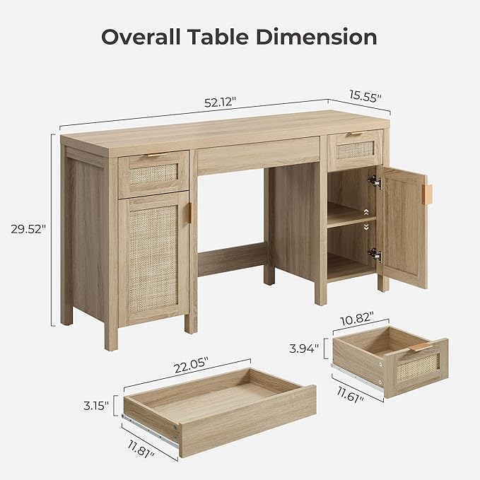 SICOTAS 2 Pieces Rattan Vanity Home Office Desk - Big Boho Makeup Vanities Benches with Drawers & Storage Cabinets, Dressing Vanity Table for Makeup Room, Bedroom, Home Office, Light Oak