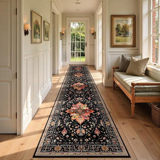 Area Rugs 2'6''x12' Washable Non-Slip, Floral Vintage Distress Print Pattern Medallion Carpet for Living Room Bedroom Dining Room, Black Colorful Floral Dark Tan