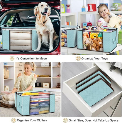 Budding Joy 90L Large Storage Bags, 8 Pack Clothes Storage Bins Foldable Closet Organizer Storage Containers with Durable Handles Storage and Organization, Blanket, Pillows and Toys (Blue)