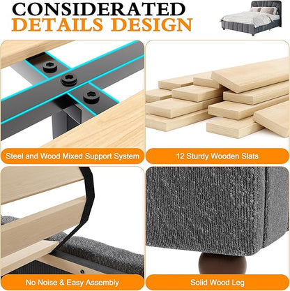 Queen Size Boucle Bed Frame Upholstered Bed Frame Queen with Adjustable Headboard, Solid Wood Slats Support, Bed for Bedroom Apartment, Dorm, No Box Spring Needed, Easy Assembly, Noise-Free, Grey