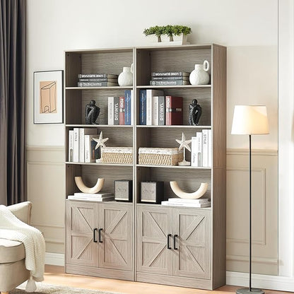 RWYHG 70in Tall Bookshelf 6 Tier Bookcase with Barn Doors and Adjustable Shelf, Oak Grey Farmhouse Book Shelves with Storage Cabinet, Wood Floor Standing Display Bookshelve for Bedroom, Living Room