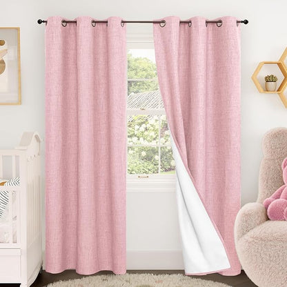 Baby Pink Linen Blackout Curtains 84 Inch Long for Living Room Narrow Window, 38 Inch Wide Thermal Insulated Light Blocking Small Curtains for Girls Bedroom Kids Nursery, 38x84 Inch 2 Panels