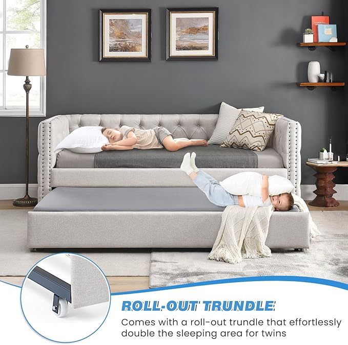 Antetek Daybed with Trundle, Upgraded Linen Upholstered Twin Size Day Bed Button-Tufted Sofa Daybed Frame with A Trundle,No Box Spring Needed,Furniture for Bedroom Living Room Guest Room (Beige, Twin)
