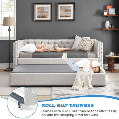 Antetek Daybed with Trundle, Upgraded Linen Upholstered Twin Size Day Bed Button-Tufted Sofa Daybed Frame with A Trundle,No Box Spring Needed,Furniture for Bedroom Living Room Guest Room (Beige, Twin)