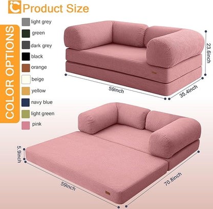 COMAX Folding Sofa Bed Queen, 4-in-1 Convertible Foldable Floor Couch Futon Sofa with Armrests, Sleeper Mattress Fold Out Chair Bed Comfy Portable Lounge Guest for Living Room Bedroom, Pink