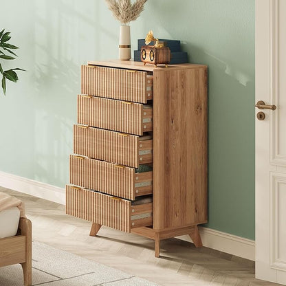 43'' Hight 5 Drawers Dresser for Bedroom,Modern Fluted Vertical Chest with Rounded Corners,Fluted Dresser for Living Room,Hallway, Natural Wood