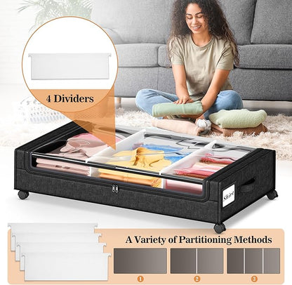 2 Pack Under Bed Storage with 4 Dividers, Large Under Bed Storage Containers with Wheels for Clothes, Shoes, XXL Rolling Underbed Storage Organizer Bins with Clear Lids and Handles