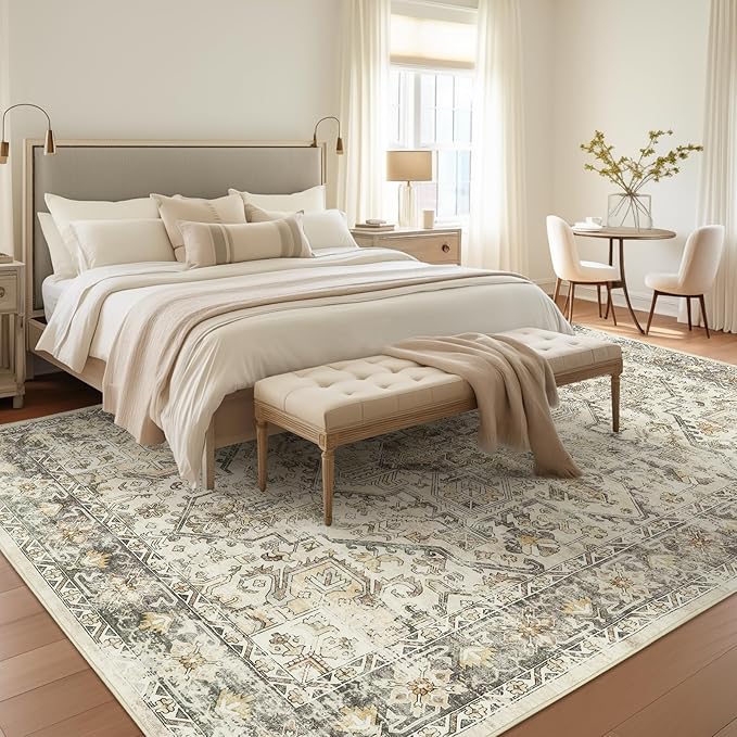 zesthome 5x7 Area Rugs - Ultra-Thin Washble Rug, Stain Resistant Anti Slip Backing Rugs for Living Room,Bedroom, Vintage Home Decor Area Rug (Beige/Brown,5'x7')