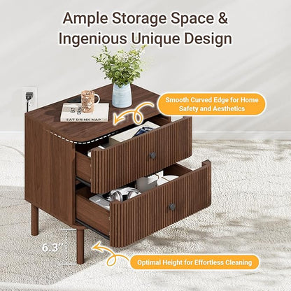 Night Stand with Charging Station, 24" Large Fluted Nightstand with Rounded Corners & Solid Wood Legs, 2 Drawers End Table with Storage, Mid Century Modern Bedside Table for Bedroom, Walnut