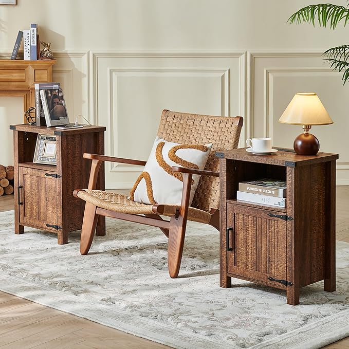 Joaxswe Night Stand with Charging Station and USB Port, 18 Inch Farmhouse Nightstand with Storage Shelf, Rustic Wood Bedside Table with Magnetic Door, Bed Side Tables for Bedroom, Reclaimed Barnwood