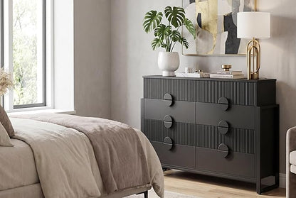 LGHM Fluted Dresser for Bedroom with 8 Drawers, Modern 8 Drawers Dressers with Semi-Cylindrical, Chest of Drawers Closet Organizers and Storage Clothes, 43" Tall Dresser with Bold Steel Frame, Black