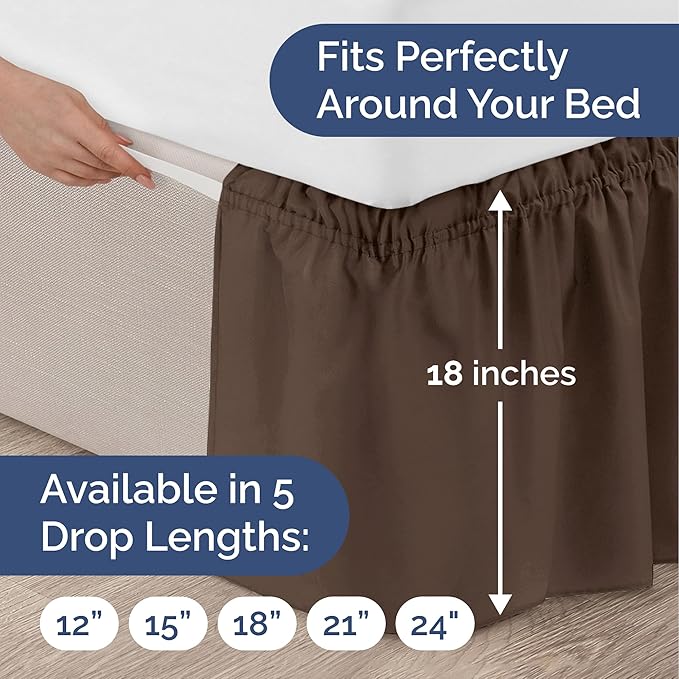 Wrap Around Dust Ruffle Bed Skirt - Brown - for Full Size Beds with 18 Inch Drop - Easy Fit Elastic Strap - Adjustable Pleated Bedskirt w/Brushed Fabric - Wrinkle Free - for Women, Men, Kids & Teens
