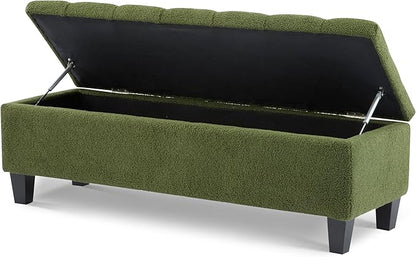 GDFStudio Boucle Storage Ottoman Bench with Button Tufting, 50.75” Upholstered Entryway Bench with Hidden Storage, Soft Close Lid, Rubberwood Legs, Extra Seating for Bedroom, Living Room – Green