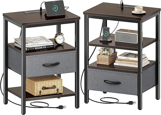 SUPERJARE Nightstand Set of 2, Bed Side Tables with Charging Station, Adjustable Fabric Drawer, Night Stand for Bedroom, 3-Tier Storage End Tables, Walnut, 8694NC