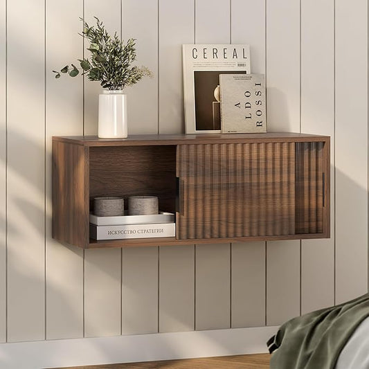 Floating Nightstand with Sliding Doors, Modern Fluted Large Night Stand Storage Shelf Wall Mounted Bedside Tables for Bedroom, Brown