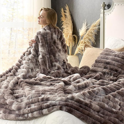 Cozy Bliss Faux Fur Throw Blanket for Couch, Cozy Warm Plush Striped Blanket for Sofa Bedroom Living Room, 108 * 90 Inches Tie-dye Grey