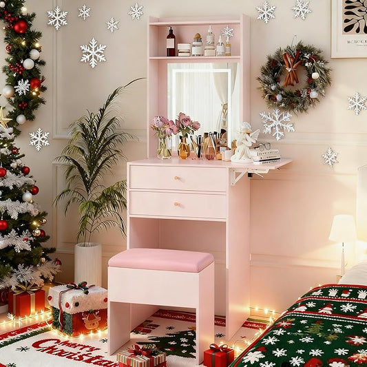 ARTETHYS Small Vanity Desk Set with 3 Adjustable Lighted Mirrors and Lights, Pink Makeup Vanities Set for Compact Space with Storage Stool White Dressing Table with Fold-up Panel for Bedroom
