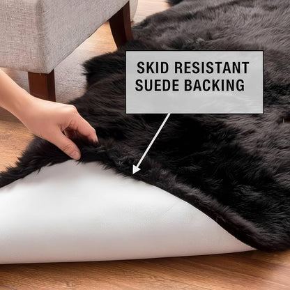 Authentic Black Sheepskin Rug 2x6 ft, Genuine Double Pelt Fluffy Fur Area Rug for Bedroom, Living Room & Home Decor, Soft Natural Sheep Skin Throw