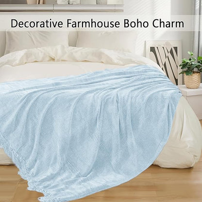 Chenille Throw Blanket for Couch 60"X 80" Twin, Soft Cozy Throws with Fringe Tassel for Bed Sofa Chair Cover, Lightweight Knitted Decorative Boho Blankets for Living Room, Light Blue