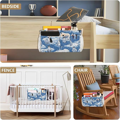 Bedside Caddy Hanging Bunk Bed Caddy Bed Organizer Hanging Pocket with 2 Hooks Bedside Storage Organizer Pocket Bag Holder Blue Penguins Ice Floes Snow Water