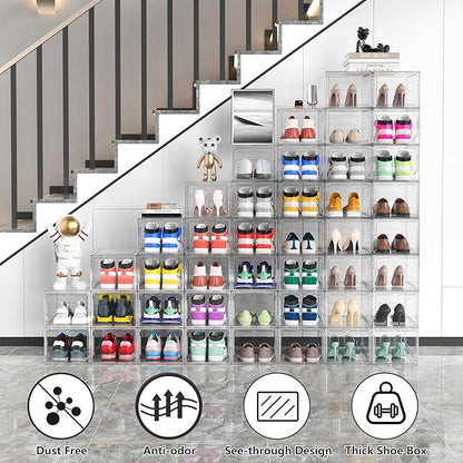 12 Pack Hard Sturdy Thickened Rigid XX Large Shoe Storage Organizer for Closet, Clear Stackable Sneaker Shoe Boxes Rack Containers Display Case Bins with Lids, White