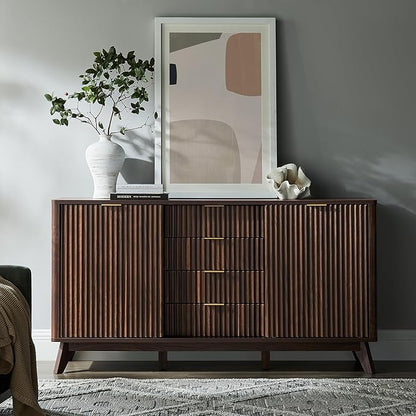 T4TREAM Fluted Buffet Cabinet, 60" Modern Sideboard with Sliding Doors & 4 Drawers, Coffee Bar Table with Storage, Curved Profile Design for Dining Room, Living Room, Dark Walnut