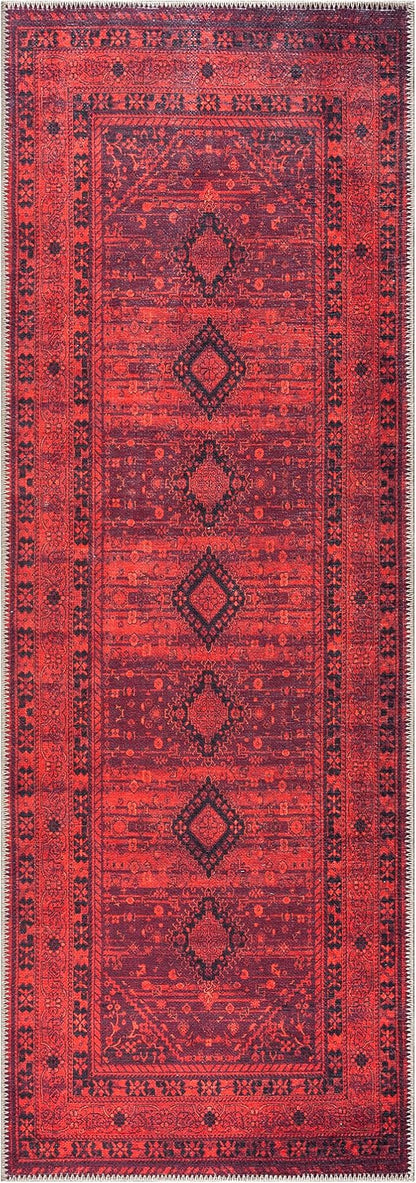 Bloom Rugs Washable Non-Slip 7 ft Runner - Red Traditional Bordered Runner for Entryway, Hallway, Bathroom, and Kitchen - Exact Size: 2.5' x 7'