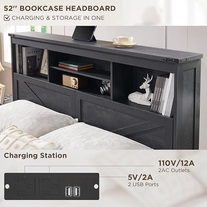 ACCOHOHO Farmhouse King Size Bed Frame with 52" High Storage Bookcase Headboard and 4 Drawers,Wooden Bed Frame with LED Light and Charging Station,Black