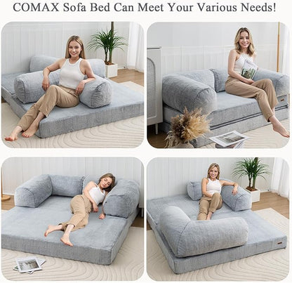 COMAX Folding Sofa Bed Queen, Foldable Couch Bed, Fold Out Futon Chair Sleeper for Adults, Convertible Floor Mattress Sofa for Bedrooom Living Room, Snow Light Grey