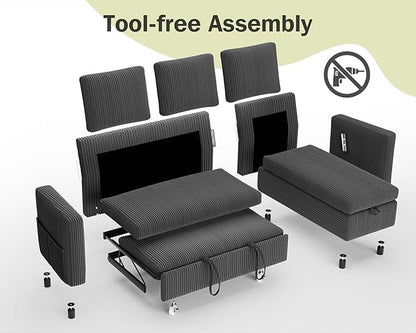 Vipbear 80" Sectional Sleeper Sofa Bed with Pull Out Bed, L Shaped Couch Pull Out Couch with Reclining Backrest, Reversible Storage Chaise, USB Ports, Tool-Free Assembly, Corduroy Grey