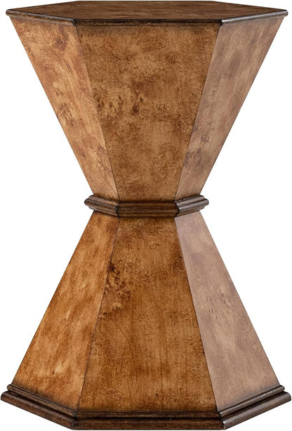 COZAYH Farmhouse Hexagonal Accent Table, Rustic Hourglass Design Side Table with Sculptural Geometric Base for Living Room or Bedroom, Natural Wood-Tone Finish, Brown